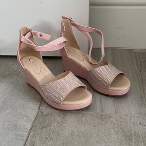 Jessica Simpson Pink Rhinestone Wedge Sandals with Ankle Strap